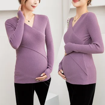0625 # Есента, Пуловер за бременни и кърмещи с V-образно деколте, Риза Трапецовидна форма, блузи за кърмене, Дрехи за бременни жени, по време на Бременност