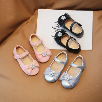 Кожени обувки с лък за момичета; Колекция 2023 г.; Есенни нови детски вечерни обувки на Принцесата с мека подметка; Детски корейски модерни ежедневни тънки обувки;