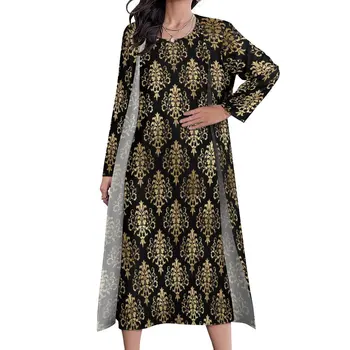 Рокля от дамасской плат с цветен модел, златисто-черно винтажное Макси рокля, дълги плажни рокли в стил Бохо от две части, эстетичная облекло оверсайз