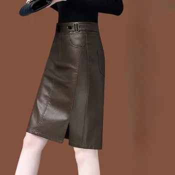 Есен нова Женска пола, от изкуствена кожа, однотонная пола със средна дължина, облегающая Модерна кожена пола трапецовидна форма, с висока талия