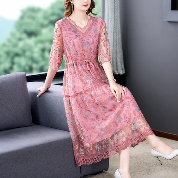 Секси Розова Рокля миди от естествена коприна с бродерия на цветя, Лятото Секси рокля с рюшами и деколте по врата, Японска Елегантна рокля Vestidos