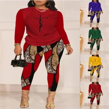 Комплект женски ежедневни панталони за пътуване до работа, есенна тениска с кръгло деколте и надпис с дълъг ръкав и секси леопардовые панталон-молив