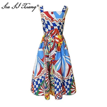 Seasixiang, Модерно Есента рокля от 100% памук, Женствена рокля на спагети презрамки и с Копчета, Реколта рокли с геометрични принтом в клетката