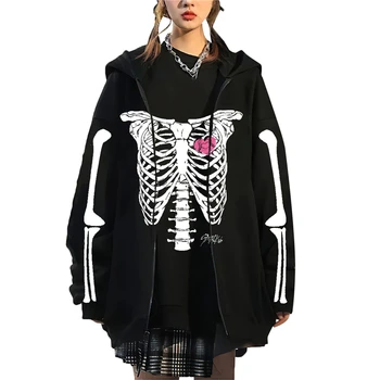 Xingqing Реколта готическата hoody 2000-х, женски блузи с дълъг ръкав и принтом скелета, пънк-тъмна кибер-облекло, hoody y2k,