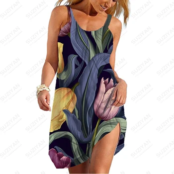 Лятното ново женствена рокля на подтяжках с 3D принтом 