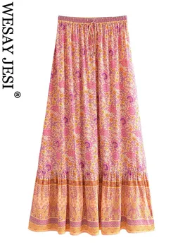 WESAY JESI ТРАФИКА на Годишната Жена Плажната Ежедневни Дълга пола с флорални принтом впечатлява със своя бохемски стил, тънка талия, Елегантен Дамски панталон трапецовидна форма