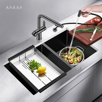 ASRAS Nanometer Черна Едрогабаритна Двойна кухненска Мивка SUS 304 От неръждаема стомана, Ръчно изработени, на кухненски мивки с дебелина 4 мм