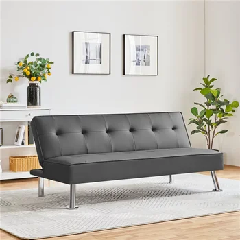 Foldout диван-futon от изкуствена кожа с хромирани метални крака за хол