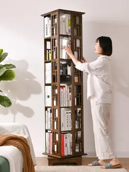 Въртящи книжния шкаф в китайски стил, библиотеката на 360 градуса, полици за съхранение в хола от пода до тавана, от масивно дърво, домашен прост