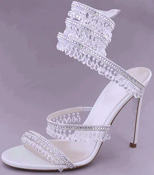 Красиви Дамски сандали с каишка на щиколотке и кристали, Пикантен дамски обувки на висок ток във формата на змия, лятна обувки за партита на висок ток с кръгло бомбе