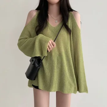 Пуловери Дамски Елегантни, свободни, секси, с открити рамене, Градинска дрехи, вязаная, прости, гъвкави, есента Корейски стил, ежедневна мода