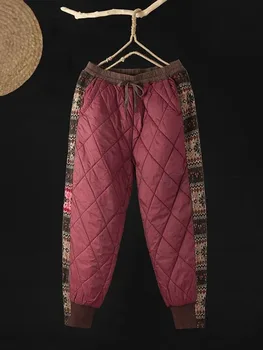 Пухени памучни зреещи дължина до щиколоток 
 Топло изолирана Ежедневни Дамски панталони с бродерия от двете страни, Широки, с висока талия, нови Spodnie