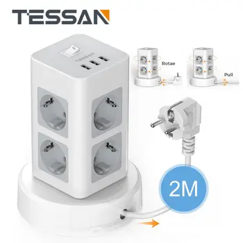Вертикална сила лента TESSAN, контакти с няколко кули, контакти на ЕС с USB ключ, разтегателен удължителен кабел с дължина 2 м за домашния офис