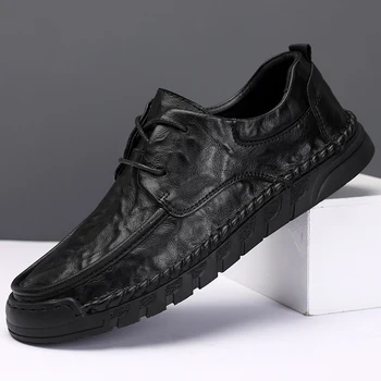 Мъжки обувки от естествена кожа, дишащи мокасини с шнур и дупки, обувки за почивка, Модерен мъжки oxfords в британския стил, Zapatos Hombre