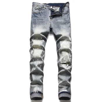Дизайн в стила на рок-пънк, Мъжки Дънки-участък с принтом Пейсли, Градинска Дрехи, Тесни Дънкови панталони, Модерни скъсани панталони с дупки, сиви дънки