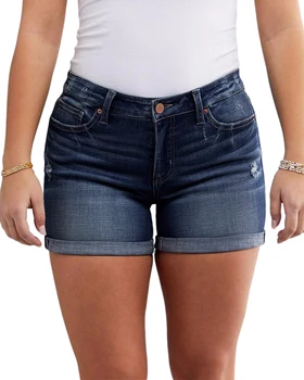 Дамски летни дънкови къси панталони с маншети, дънкови шорти Mom Fit Stretch средна засаждане