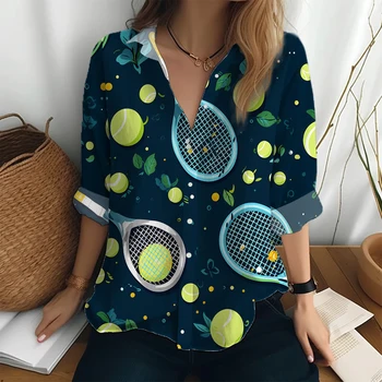 Риза в стил Харадзюку, Пролетно-есенна Благородна Риза, Дамски модни риза с копчета, Тенис риза с 3D принтом и дълги ръкави