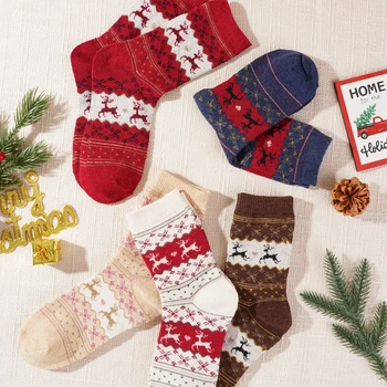 5 Двойки Женски зимни коледни чорапи, подходящи по цвят, Японски вълнени чорапи със заек средна дължина дишащи дебели чорапи