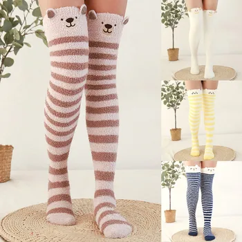 Пухкави домашни чорапи над коляното с анимационни модел, Зимни чорапи, Дамски Топли Високи Гамаши, Топли чорапи, Дантелени горните Чорапи